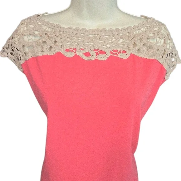 Evan Picone Pink Coral Top with Contrast Ivory Crochet Lace Yoke. Size XL NEW - Picture 8 of 8
